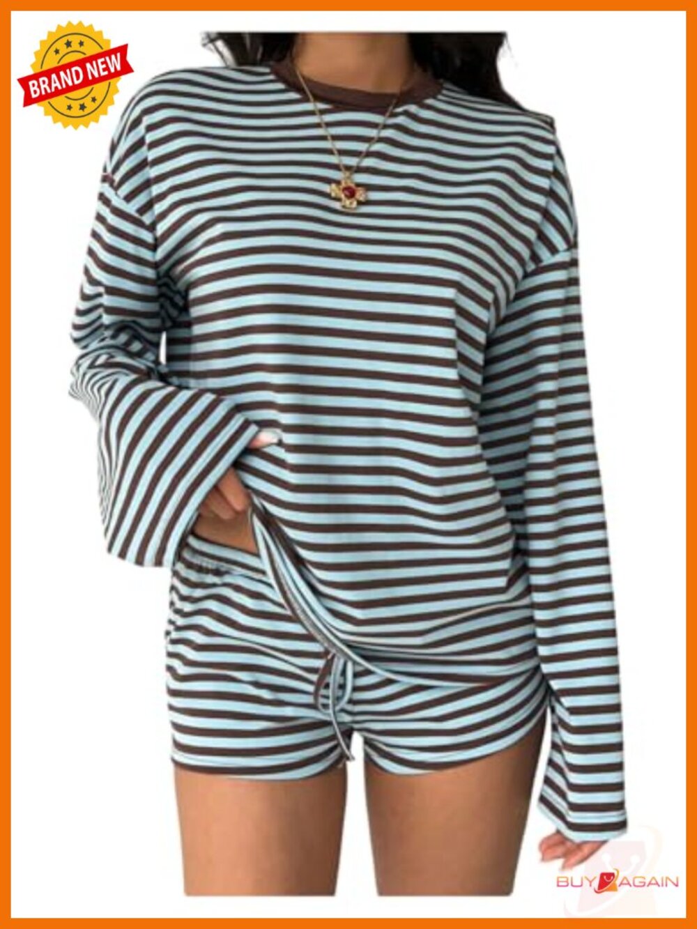 Striped Lounge Set 2 Piece Long Sleeve Drawstring Shorts